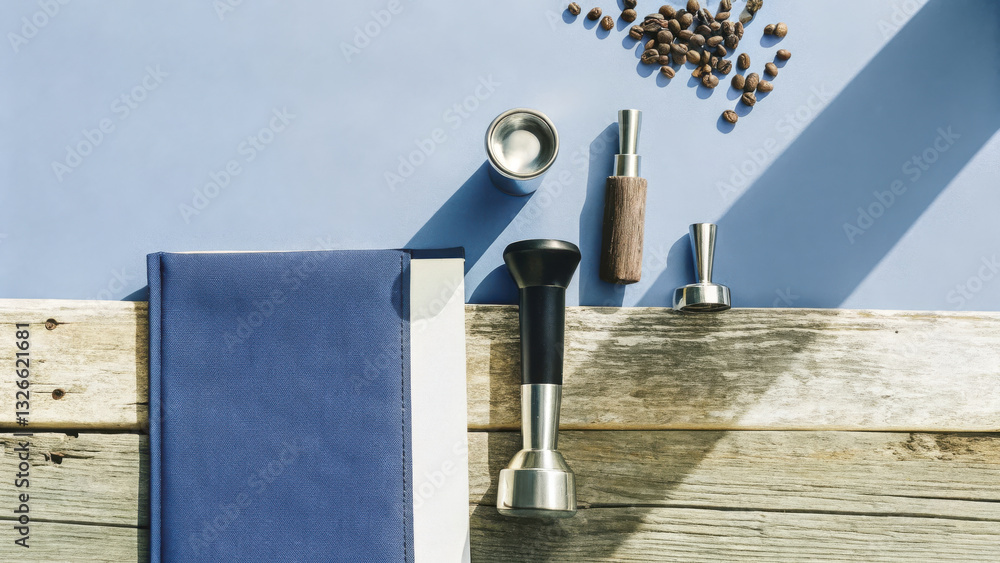 Fototapeta premium Vibrant flat lay of coffee making essentials including tamper, portafilter, and coffee beans, showcasing modern and stylish coffee preparation setup