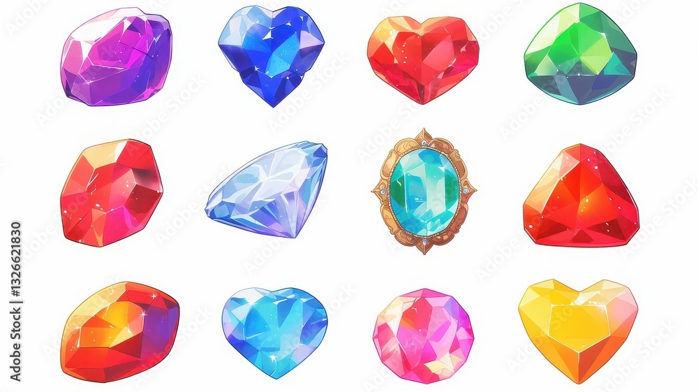 Naklejka premium Vibrant Collection of Gemstones Hearts Diamonds Unique Shapes Colorful Jewels