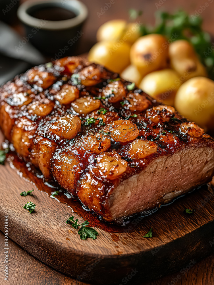 Large piece of meat with a sauce on top and a bunch of potatoes on the side. The meat is cut into thin slices and is served on a wooden cutting board Large piece of meat with a sauce on top and a bunch of potatoes on the side. The meat is cut into thin slices and is served on a wooden cutting board