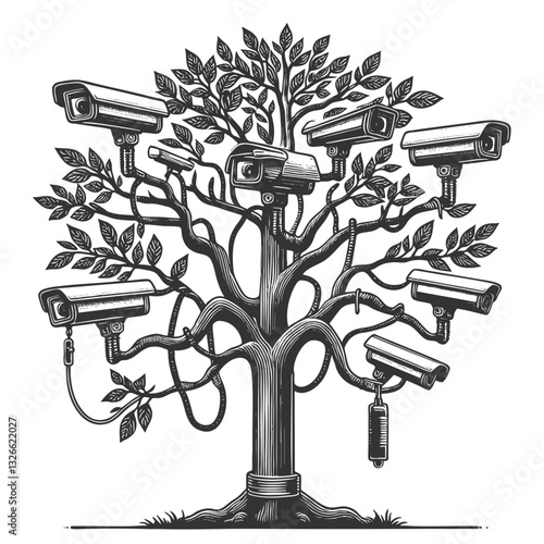 tree with security cameras growing from its branches, symbolizing surveillance, technology in nature sketch engraving generative ai vector illustration. Scratch board imitation. Black and white image.