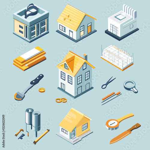Isometric illustration of construction tools and house models
