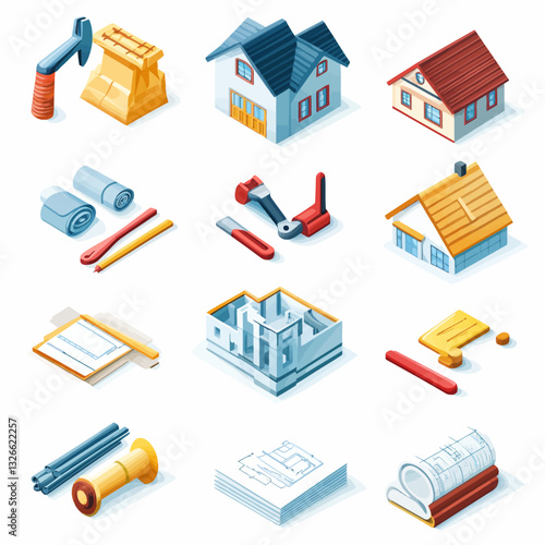 Isometric house construction tools and building plan illustrations