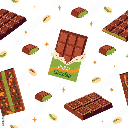 Dubai chocolate seamless pattern, chocolate bar, pistachio chocolate. Dubai chocolate, luxury food. Flat vector illustration isolated on white background.