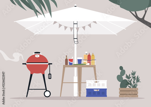 Gathering friends and family for a vibrant summer picnic under a large umbrella, where delicious barbecue aromas fill the air amid a joyful atmosphere