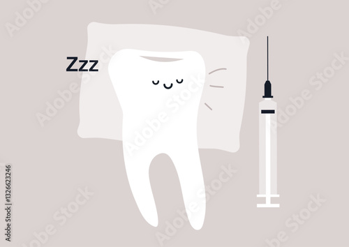 A serene tooth rests on a soft pillow, embodying peace as an anesthesia syringe lies nearby, symbolizing comfort during dental procedures and patient care