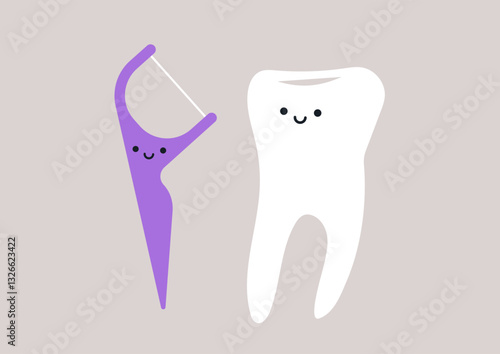 A charming tooth mascot smiles alongside a playful flosser character, inviting children to embrace dental care and enjoy their daily routines in a vibrant atmosphere