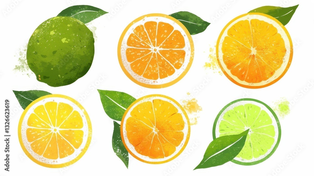 Fototapeta premium Vibrant Citrus Fruits Limes Lemons Oranges Watercolor Style Illustration