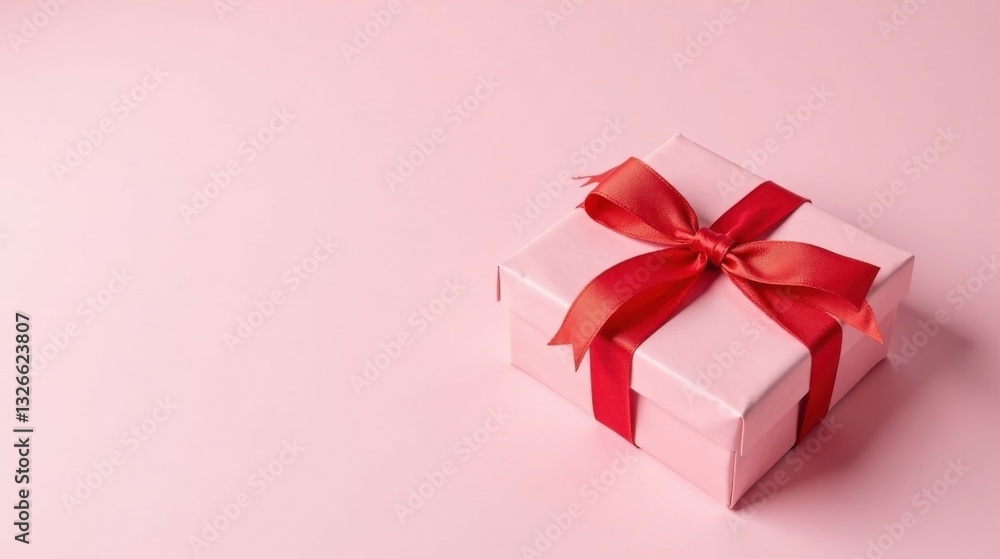 Fototapeta premium A Delicate Pink Gift Box with a Vibrant Red Ribbon, a Symbol of Thoughtful Presentation and Celebration