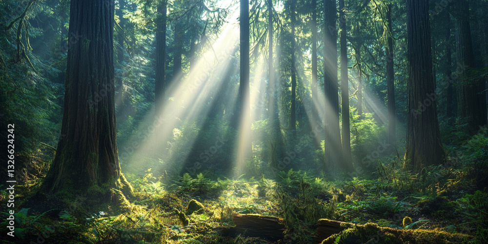 Fototapeta premium Beautiful forest with rays of sunlight piercing through the trees, creating a serene atmosphere