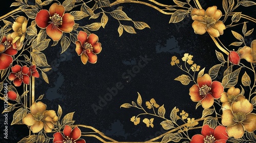 Elegant Floral Frame Design with Red and Gold Flowers on Black Background