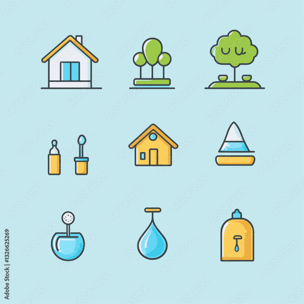 Colorful cartoon houses and nature icons on a light blue background Colorful cartoon houses and nature icons on a light blue background