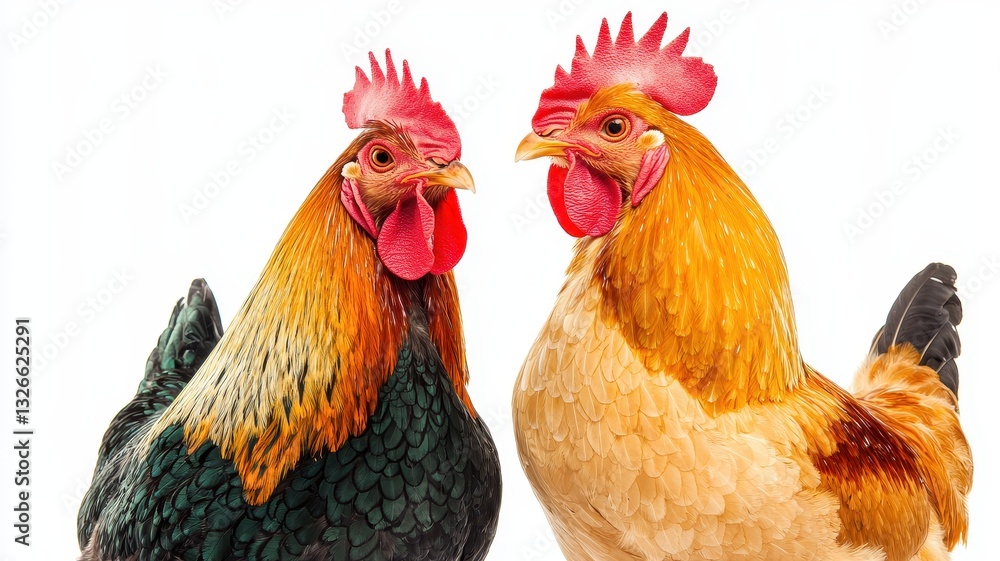 Naklejka premium Two Colorful Roosters Facing Each Other Close Up Studio Shot Farm Animals
