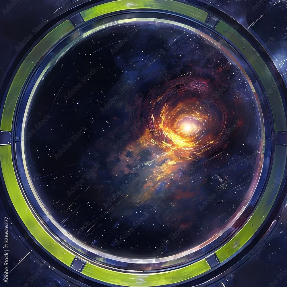 Scena cosmica di un portale spaziale che collega due galassie, fondendo tra loro surrealismo e iperrealismo, Cosmic scene of a space portal connecting two galaxies, merging surrealism and hyperrealism