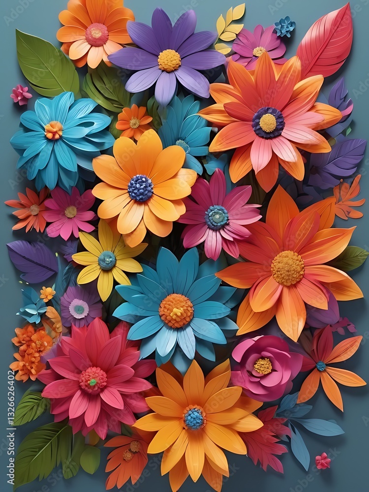 Vibrant Burst of Paper Flowers: Colorful Handcrafted Blooms on Blue Background Vibrant Burst of Paper Flowers: Colorful Handcrafted Blooms on Blue Background