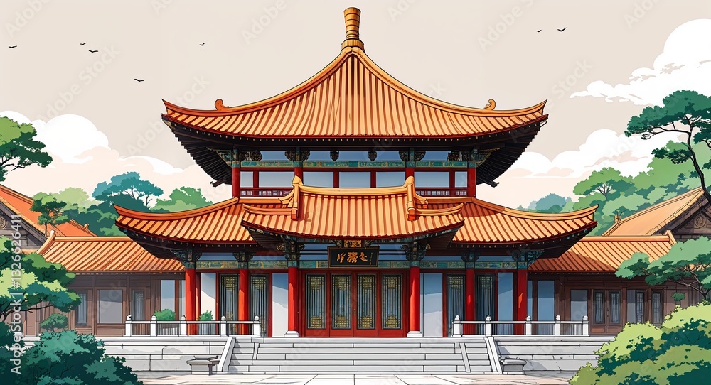 Fototapeta premium Asian temple with curved roofs building design on manga design illustration background