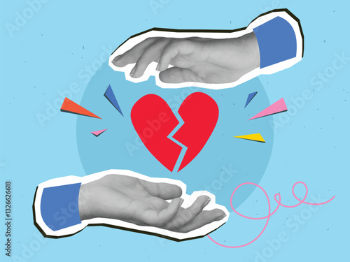 Hands holding a red broken heart. Modern collage style. Vector illustration