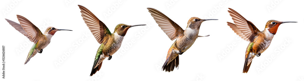 Fototapeta premium Colorful hummingbirds in various flight poses showcasing their beauty and agility.