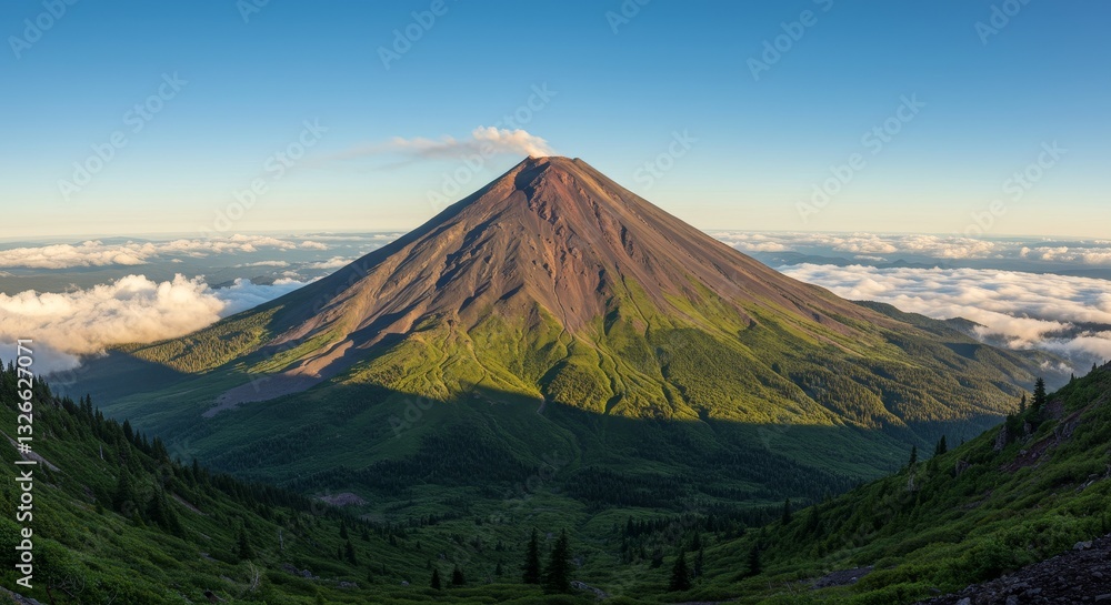 Majestic Volcano Amidst Verdant Slopes and Clouds - A breathtaking panoramic view of a majestic volcano rising above lush green mountains and a sea of clouds under a clear blue sky. Symbolizing power Majestic Volcano Amidst Verdant Slopes and Clouds - A breathtaking panoramic view of a majestic volcano rising above lush green mountains and a sea of clouds under a clear blue sky. Symbolizing power