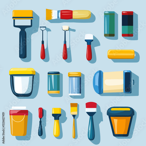 Paint brushes, rollers, and paint cans for home renovation or decoration