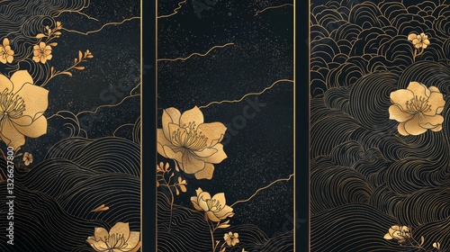 Elegant Gold Floral Pattern on Dark Background with Waves
