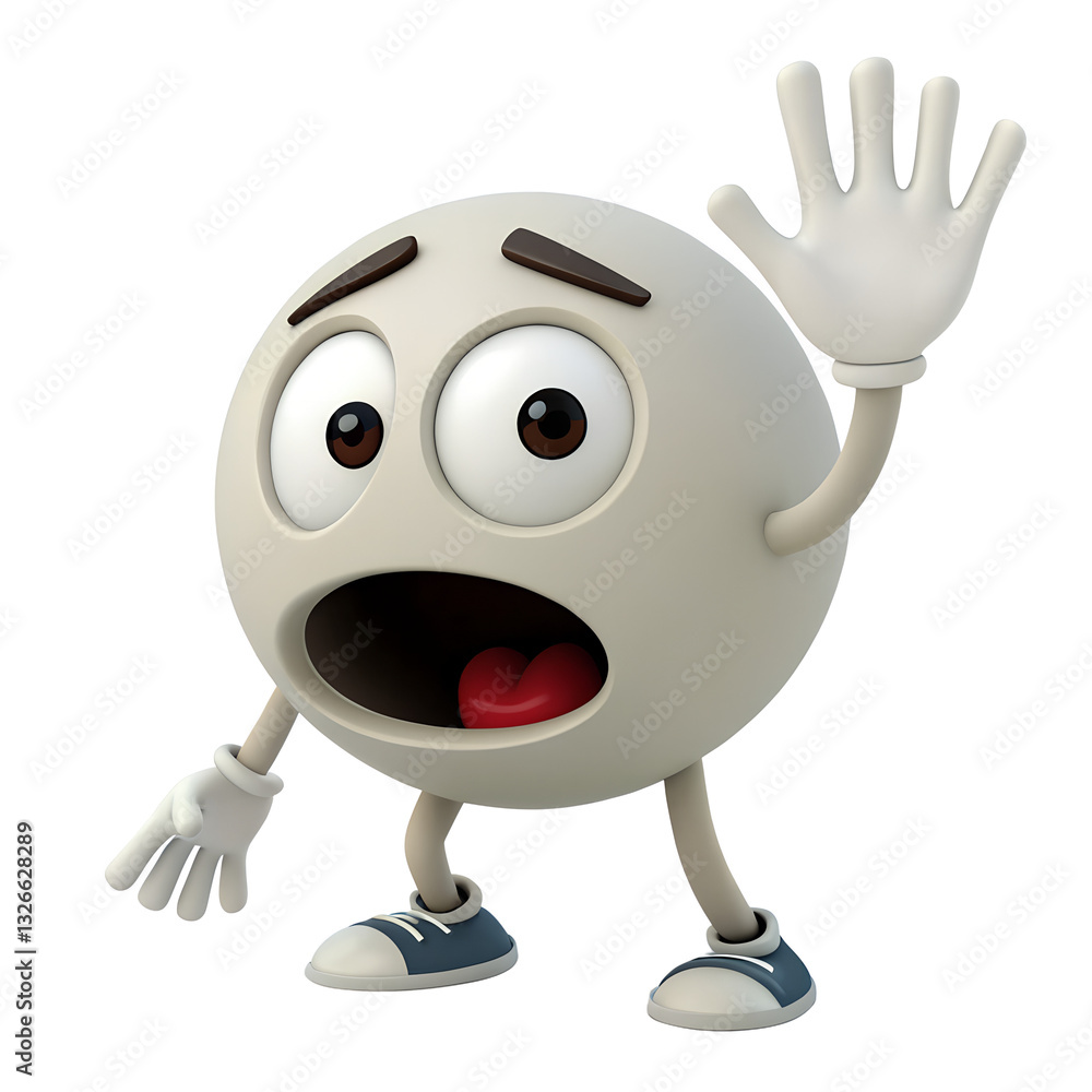 Fototapeta premium 3D icon, A light gray emoticon with wide eyes filled with fear, mouth open, and hand raised defensively