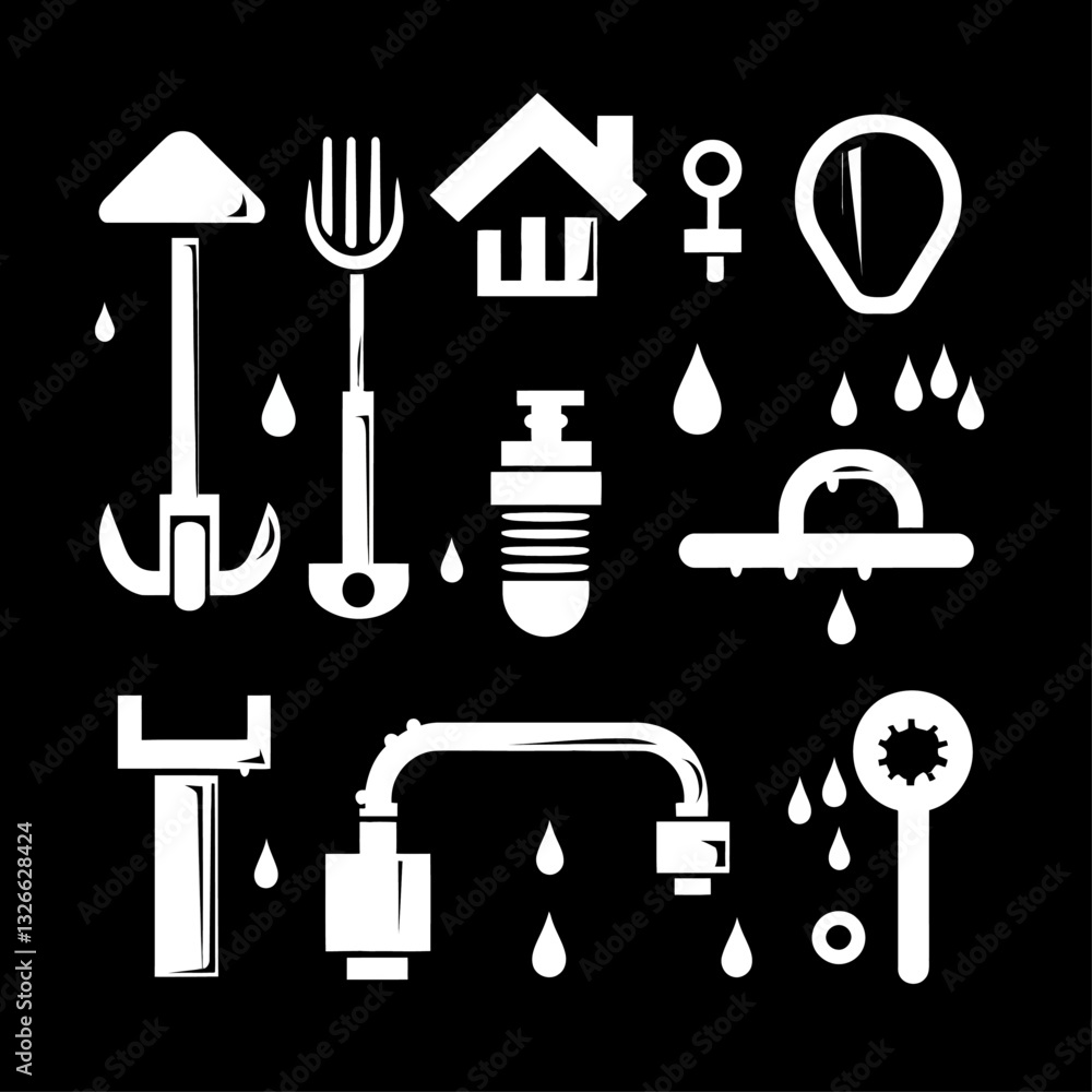 Obraz premium Abstract white icons with water drops and water-related items on black.