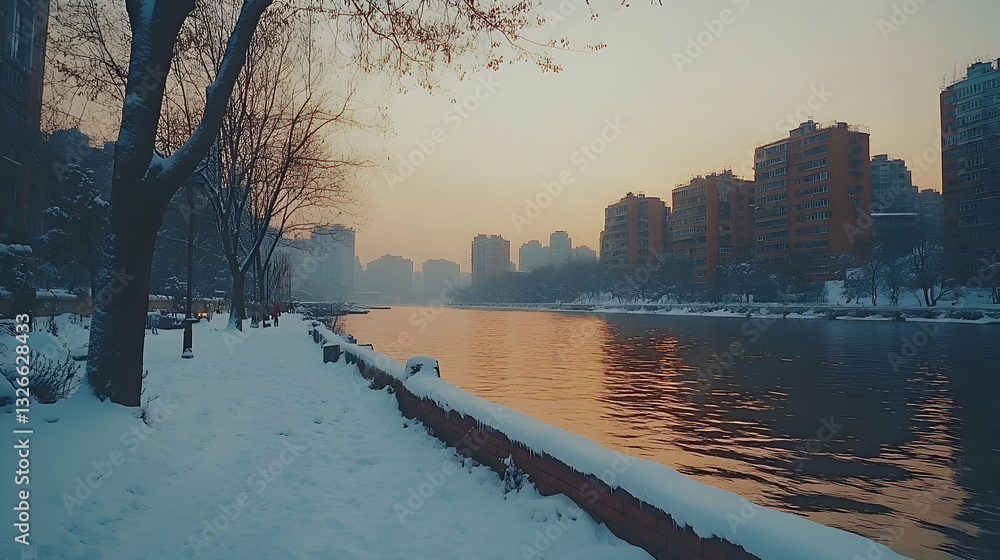 Obraz premium Winter cityscape reflected on calm river