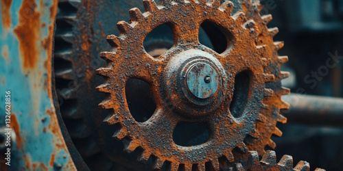 Close-up of rusty gears on an industrial machine, highlighting intricate details and textures in mechanical engineering