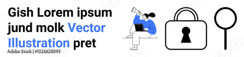 Person sitting with a laptop using a spyglass, large security lock, and magnifying glass. Ideal for business, security, technology, research, analysis protection investigation. Landing page