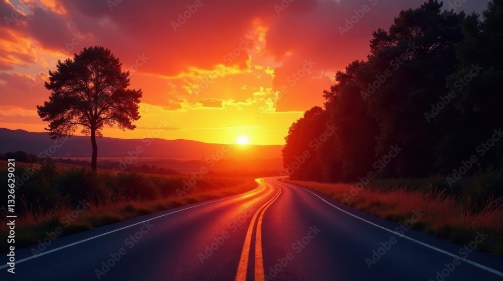 Naklejka premium Serene Sunset Road Journey A Winding Asphalt Path Through Silhouetted Trees and Lush Grasslands Under a Vibrant Sky
