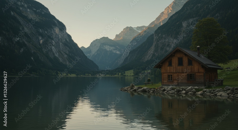 Fototapeta premium Mountain Lake Cabin Serenity - Tranquil lakeside cabin nestled amidst majestic mountains, symbolizing peace, solitude, nature's beauty, escape, and rejuvenation