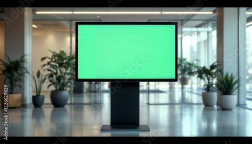 A large digital display with a green screen in a modern office lobby, surrounded by indoor plants, creating a fresh and inviting atmosphere