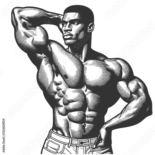 African-American strong, muscular man flexing his biceps with a determined expression, symbolizing power, confidence, and strength sketch engraving generative ai vector. Scratch board. Black and white
