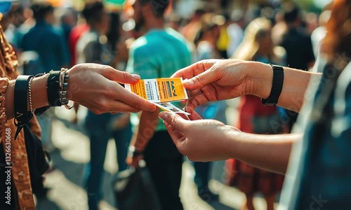 Two people exchanging a ticket at an outdoor event, emphasizing the focus on their hands.