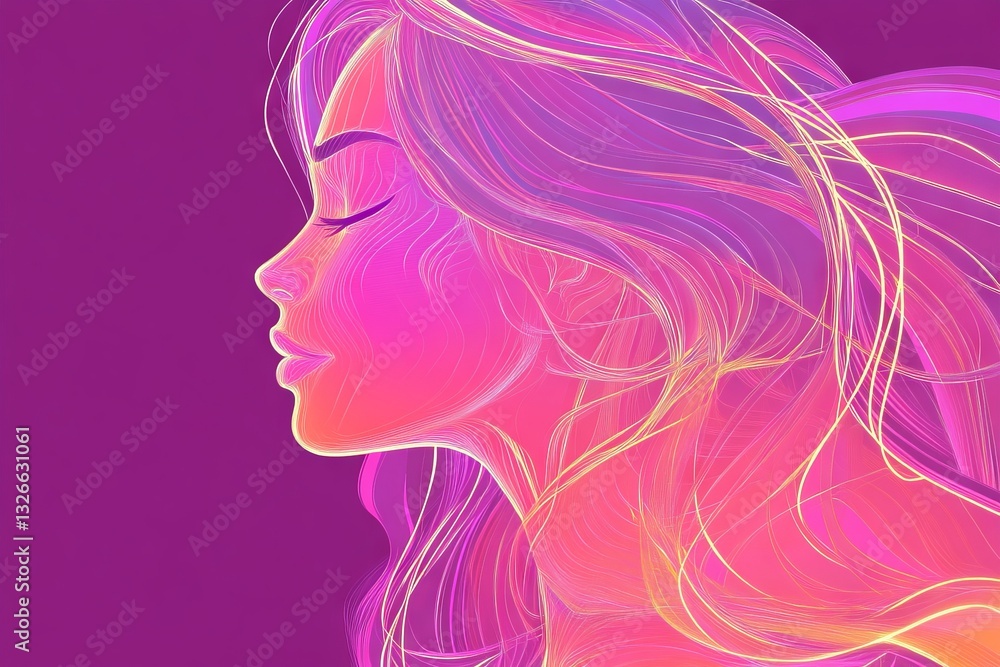Illustrative profile of a woman with flowing hair against a vibrant purple background showcasing artistic flair and elegance Illustrative profile of a woman with flowing hair against a vibrant purple background showcasing artistic flair and elegance
