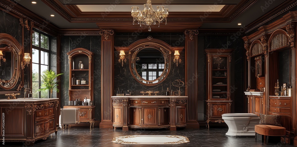 Fototapeta premium Luxurious Dark Bathroom Interior with Ornate Wooden Furniture
