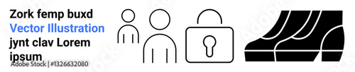 Three figures, closed padlock, and staircase elements symbolizing collaboration, security, and progress. Ideal for teamwork, access control, safety, growth goal-setting strategy flat landing page
