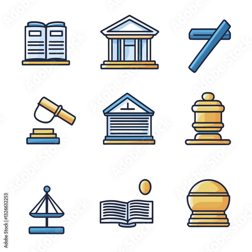 Vector Icons of Law and Justice, Courthouse, Books, Scales, and Hammer