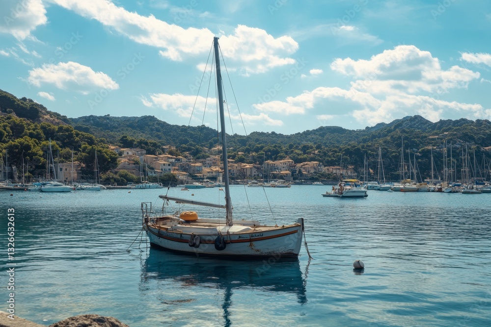 Obraz premium Sailing boat in harbor, calm waters, nautical vessel, serene seascape with forested shoreline, bright blue sky with clouds, pictur
