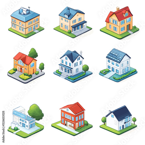 Isometric vector illustration of diverse colorful house set, urban design.