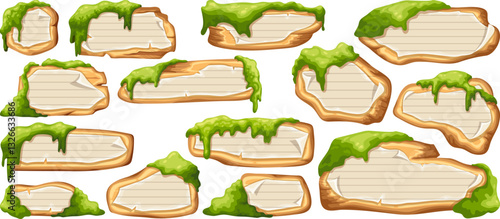 Cartoon game panels with swamp moss, forest lichen. Vector signboards with school page in line, ragged graph paper. Set isolated wooden gui elements for covers, applications, notebooks, mobile games.