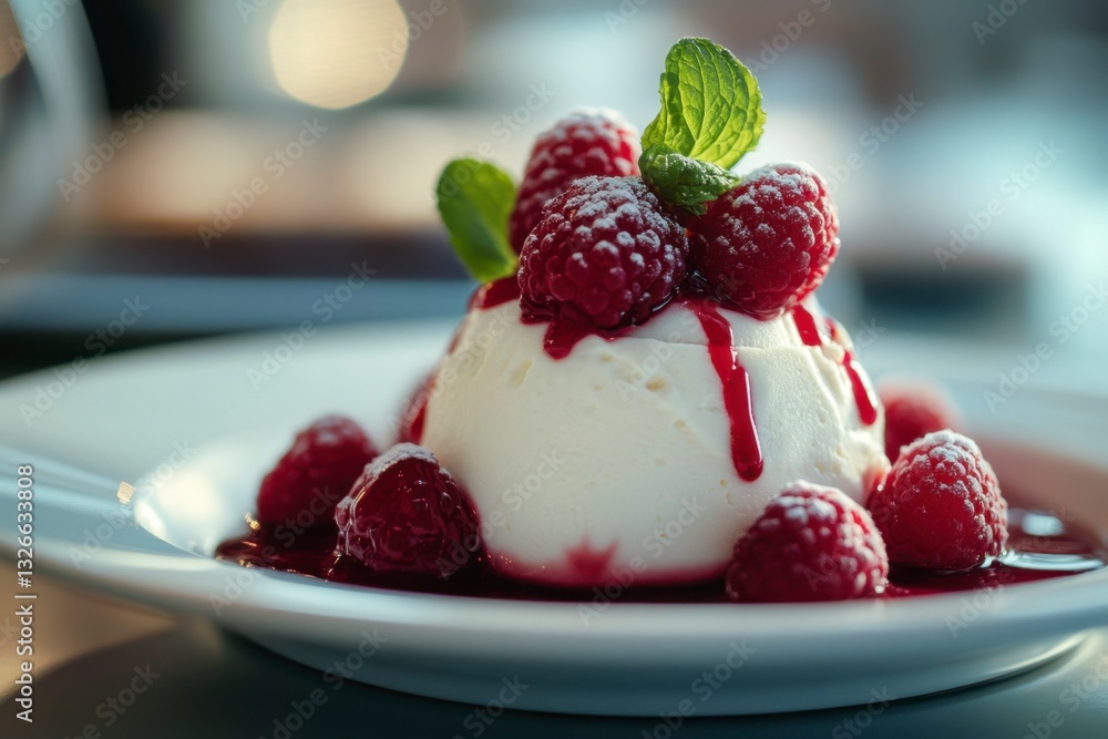 Delicate dessert of panna cotta drizzled with raspberry sauce and topped with fresh mint and raspberries, served on white plate. Delicate dessert of panna cotta drizzled with raspberry sauce and topped with fresh mint and raspberries, served on white plate.