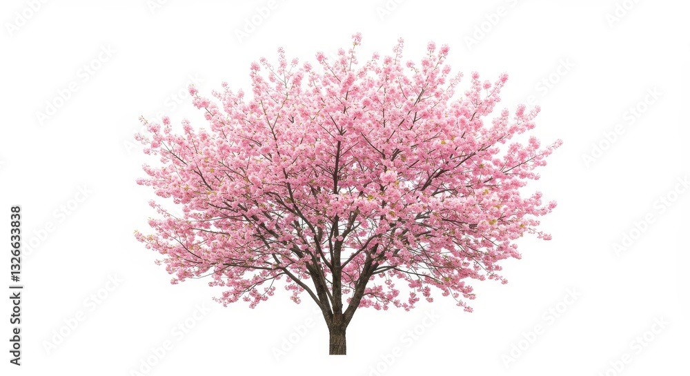 Fototapeta premium Pink Cherry Blossom Tree in Full Bloom - A beautiful, full-sized pink cherry blossom tree isolated on a white background. Perfect for spring themes