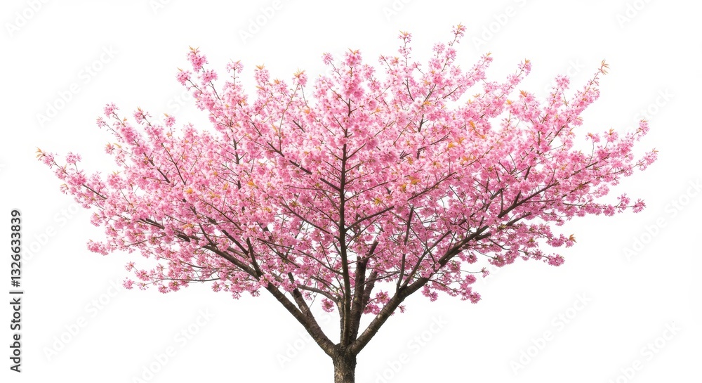 Fototapeta premium Pink Cherry Blossom Tree Isolated - A beautiful, full-bloom pink cherry blossom tree isolated on a white background. Perfect for spring themes