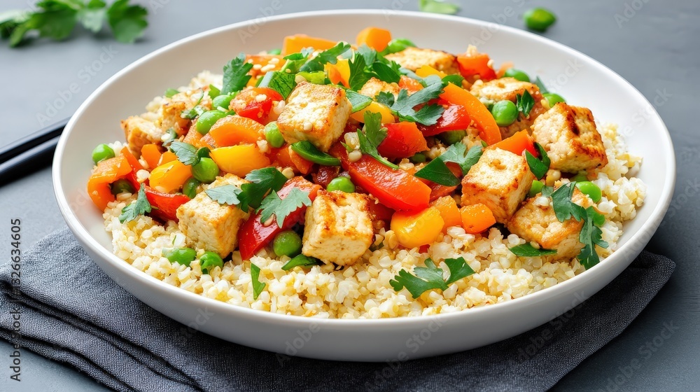 A vibrant dish featuring grains topped with diced chicken, colorful vegetables, and fresh herbs, perfect for a healthy meal. A vibrant dish featuring grains topped with diced chicken, colorful vegetables, and fresh herbs, perfect for a healthy meal.