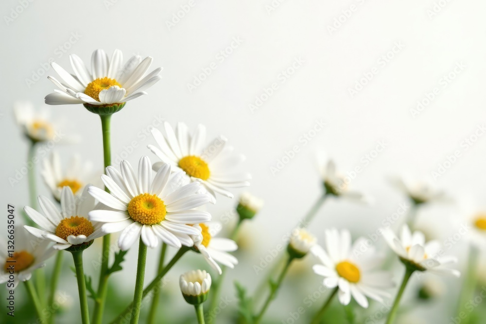 Fototapeta premium Delicate daisies float gently on a white background, plants in nature, daisy flowers, color palette