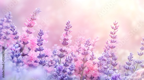 Lavender Flowers in Soft Pink and Purple Hues, Close-up of lavender flowers in soft pink and purple hues with a blurred background