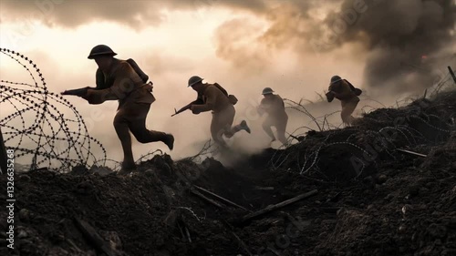 Vintage scene of ww1 soldiers, going over the top of a trench, tangled barbed wire in the foreground, soil and debris, smoke, explosions. wide FPV shot, stop motion cinematography. POV camera handeld
