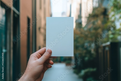 Hand Holding Blank White Card in Alleyway with Buildings and Trees photo