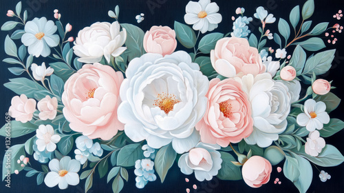 Floral arrangement for spring decor: Oil painting style with rose and daisy bouquet against a dark backdrop, ideal for print and art